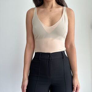 CHANEL Silk Tank Top Womens 38 Sheer Lingerie Cover Up Neutral Crepe Basic Cami